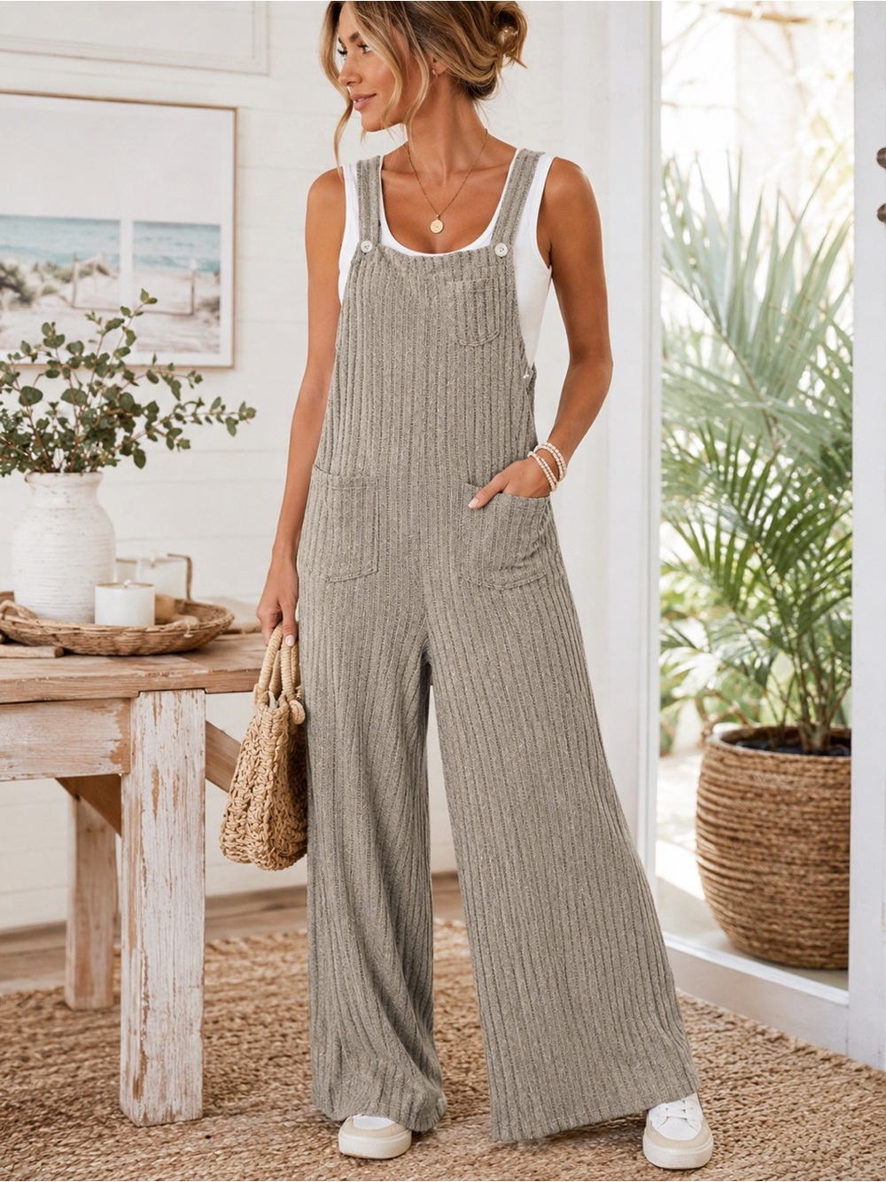 Halara Soft Ribbed Wide Leg Overalls Jumpsuit Adjustable Straps Small